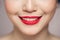 Red Lips closeup. Make up concept. Beautiful Perfect Lips.