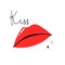 Red lips. Female sexy lipstick modern poster or card. Woman lip with makeup, kiss lettering, trendy glamour postcard. Shiny gloss