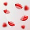 Red lips and hearts.Glass morphism vector effect. Glass trendy style.Valentines holiday,mothers day,wedding,birthday.
