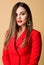 Red lips my best accessory. Girl confident business lady formal red jacket. Gorgeous and stylish. Impeccable makeup and