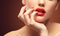 Red Lips and Nails closeup. Open Mouth. Manicure and Makeup. Make up concept.