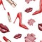 Red lips , red women high heel shoes painted in watercolor and red lipstick .