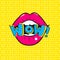 Red lips saying Wow.Vector Pop Art illustration of Open mouth and WOW Message