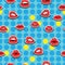 red lips with smile on blue background. Sensual female mouth with white toothed smile seamless pattern. Attractive