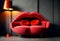 Red lips sofa. Interior scene with red sofa. Generative ai