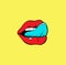 Red lips with tongue pop art  print design colorful isolated