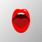 red lips on transparent background. Open mouth with white teeth and tongue. Female beautiful lips with red lipstick