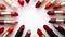 Red lipstick assortment background. Commercial banner of various lipsticks of different shades on white tabletop with copy space