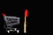 Red lipstick, gold bars and shopping cart isolated on black background with copy space