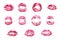 Red lipstick kiss print set on white background isolated closeup, sexy burgundy lips make up stamp collection, kiss imprint