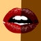 Red lipstick kiss with teeth on yellow skin and brown niger skin background. Realistic illustration.