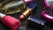 Red lipstick, perfume bottle, nail polish, mirror comb