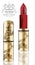 Red lipstick realistic packaging Vector. Mock up Original golden tube with Brand label decors