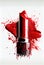 a red lipstick with a splattered red liquid on it\\\'s side and a white background with a white border