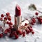 Red lipstick surrounded by snow. The concept of cosmetics and Christmas. AI generating