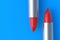 Red lipsticks. Cosmetic accessories. Make-up tools. Top view. Copy space