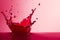 Red liquid splashing out of red bowl on pink surface. Generative AI