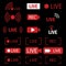 Red live recording icons. Stream icons black background. Camera icon. Vector ui screen. Live streaming logo. EPS 10