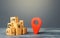 Red location pointer geolocation symbol and cardboard boxes. Global market and business, import and export. Distribution delivery