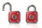 Red lock and unlock padlock 3d illustration