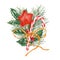 Red lollipop in the shape of star. Candy cane, pine branch, Holly leaves with bright berries. Xmas bouquet with gold bow. Caramel