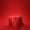 Red luxurious fabric or cloth placed on top pedestal or blank podium shelf on vivid background with luxury concept. Museum or