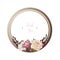 Red luxury floral greeting card with white, green and purple flowers on white backgroud and wooden circle frame
