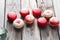 Red macaroons desserts on wooden background. dessert for breakfast on Valentine`s Day