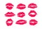 Red mark kisses lipstik pink mouth set. Hand drawn shape beauty sexy silhouette isolated on white background. Vector