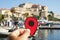 Red marker in Calvi, Corsica, France
