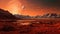 Red Martian desert. Fantastic alien landscape of another planet with mountains, red earth, fantastic sky with a huge