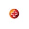 Red medical cross logo. Round shape logotype. Religious sign. Doctors office emblem. Ambulance label. First aid symbol