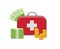 Red medical suitcase, near which are stacked a stack of coins, paper dolars.