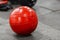 Red medicine weight ball on gym floor closeup