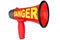 Red megaphone on white background isolated close up, word DANGER on loudhailer, loudspeaker icon, warning sign, alarm signal