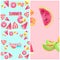 Red melon lemon pink strawberry exotic fruits and ice cream on light green summer text copy space , background ,collage ,banner t