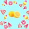 Red melon lemon pink strawberry exotic fruits and ice cream on light green summer text copy space , background ,collage ,banner te