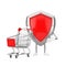 Red Metal Protection Shield Character Mascot with Shopping Cart Trolley. 3d Rendering