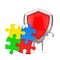 Red Metal Protection Shield Person Character Mascot with Four Pieces of Colorful Jigsaw Puzzle. 3d Rendering