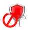 Red Metal Protection Shield Person Character Mascot with Red Prohibition or Forbidden Sign. 3d Rendering