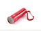 red metallic cylinder flashlight with led bulb and hanging clip carabiner hook loop isolated on white background