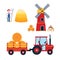 Red mill, harvesting tractor with semi-trailer and hay bale icon sign, haystack, hay sheaf and farmer