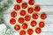 Red mini frosted iced buttercream sugar cookies Christmas holiday background