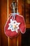 Red Mitten Christmas Ornament with Blue Ribbon