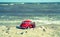 Red model of a vintage Volkswagen Beetle on a background of a sandy beach in Los Angeles, USA