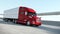 Red Modern Big Semi Truck with Cargo Trailer Route on Road Logistic Delivery 4k