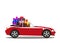 Red modern cartoon cabriolet car full of gift boxes isolated