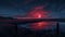 Red moon over a serene lakeside landscape at night