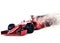 Red motor sports race car front angled view speeding on a white background with speed dispersion effect.