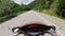 Red Motorcycle Chopper Cruiser POV Driving On Beautiful Mountain Curvy Road In a Sunny Day Nature Landscape Cinematic View